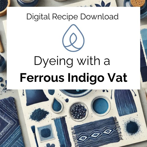 Digital recipe download for dyeing with a ferrous indigo vat featuring blue fabric and dyes.