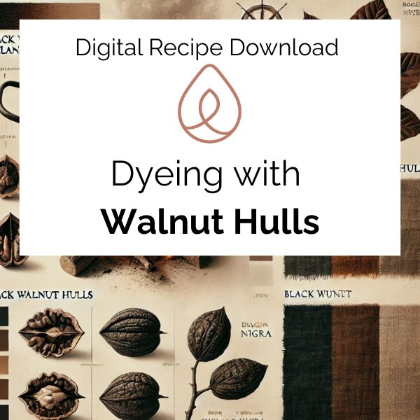 Digital recipe download for dyeing with walnut hulls featuring images of walnut hulls and dyed fabric swatches.