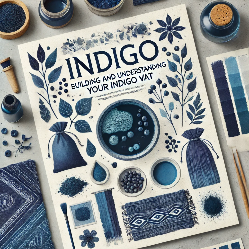 Book titled 'Indigo: Building and Understanding Your Indigo Vat' with illustrations of blue materials and dyes on a gray surface.