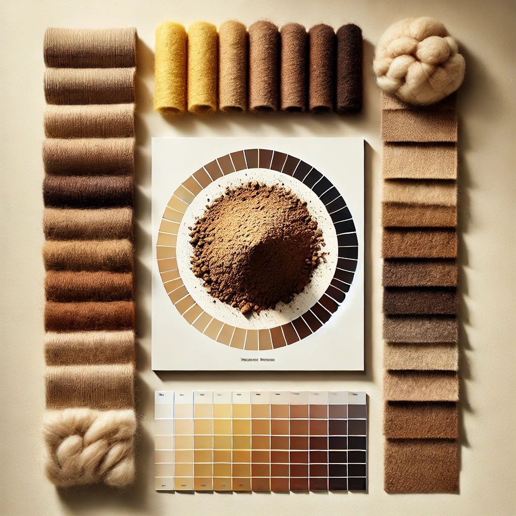 Color swatches and yarn samples arranged around a color wheel on a beige background