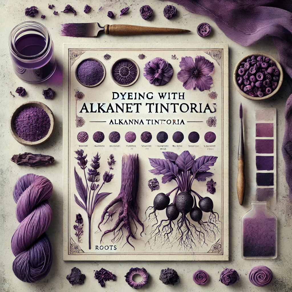 Dyeing with Alkanet Tintoria poster surrounded by purple yarn, plants, and dyeing tools on a textured surface.