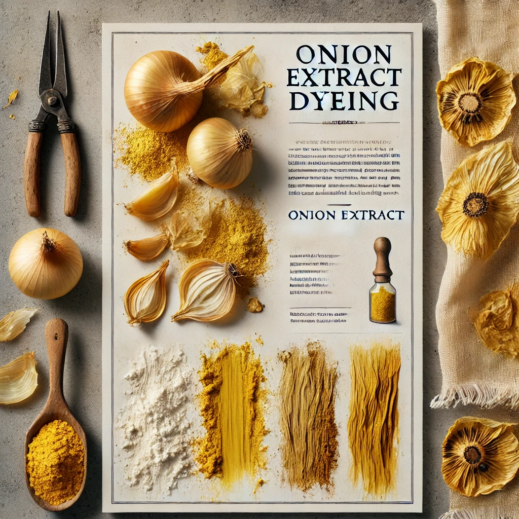 Onion extract dyeing poster with onions, powder, and color swatches on a textured surface.
