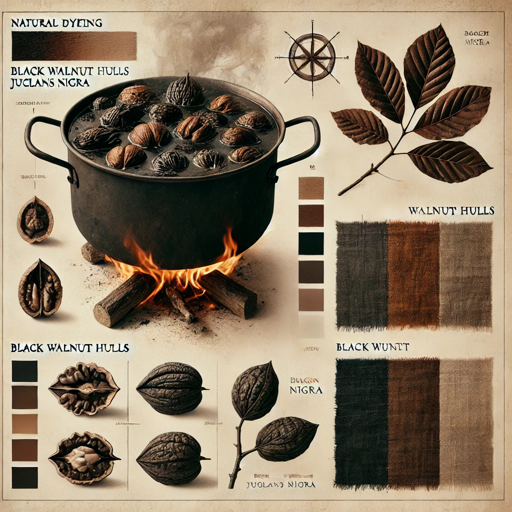 Illustration of black walnut hulls being boiled in a pot over fire with color swatches and botanical details.