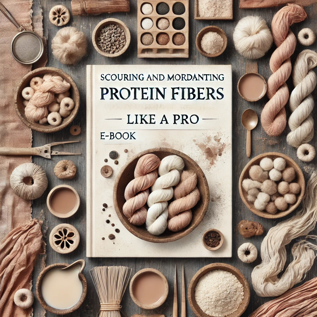 E-book titled 'Scouring and Mordanting Protein Fibers Like a Pro' surrounded by yarn and fibers on a wooden surface.