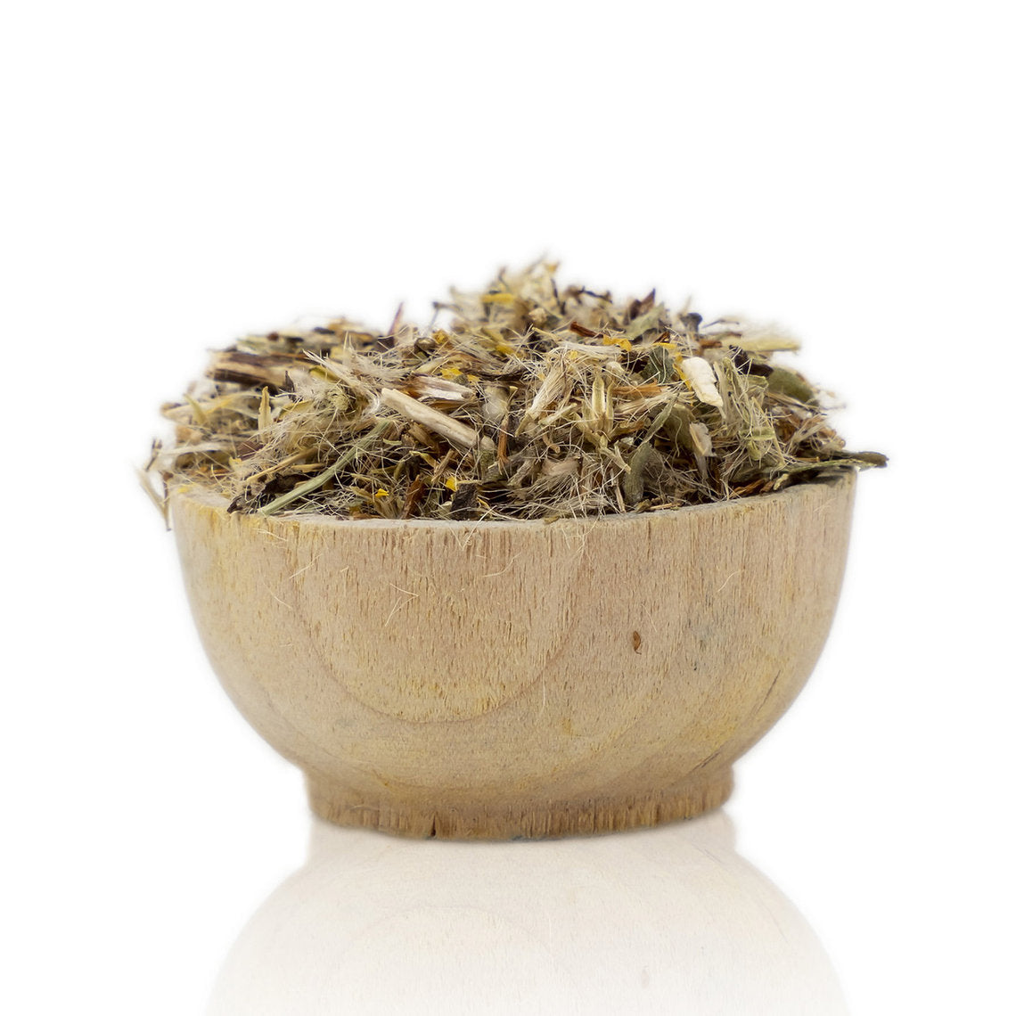 Wooden bowl filled with dried Goldenrod Cut Tops (Solidago virgaurea) organic herbs on a white background