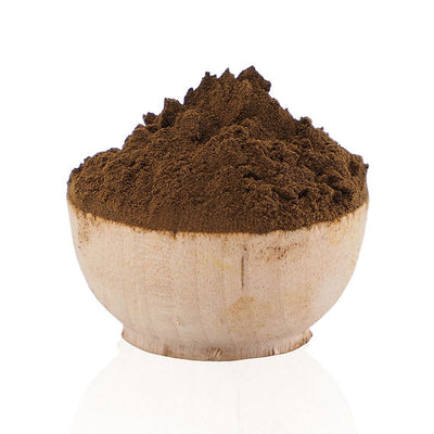 Brown powder in a wooden bowl on a white background