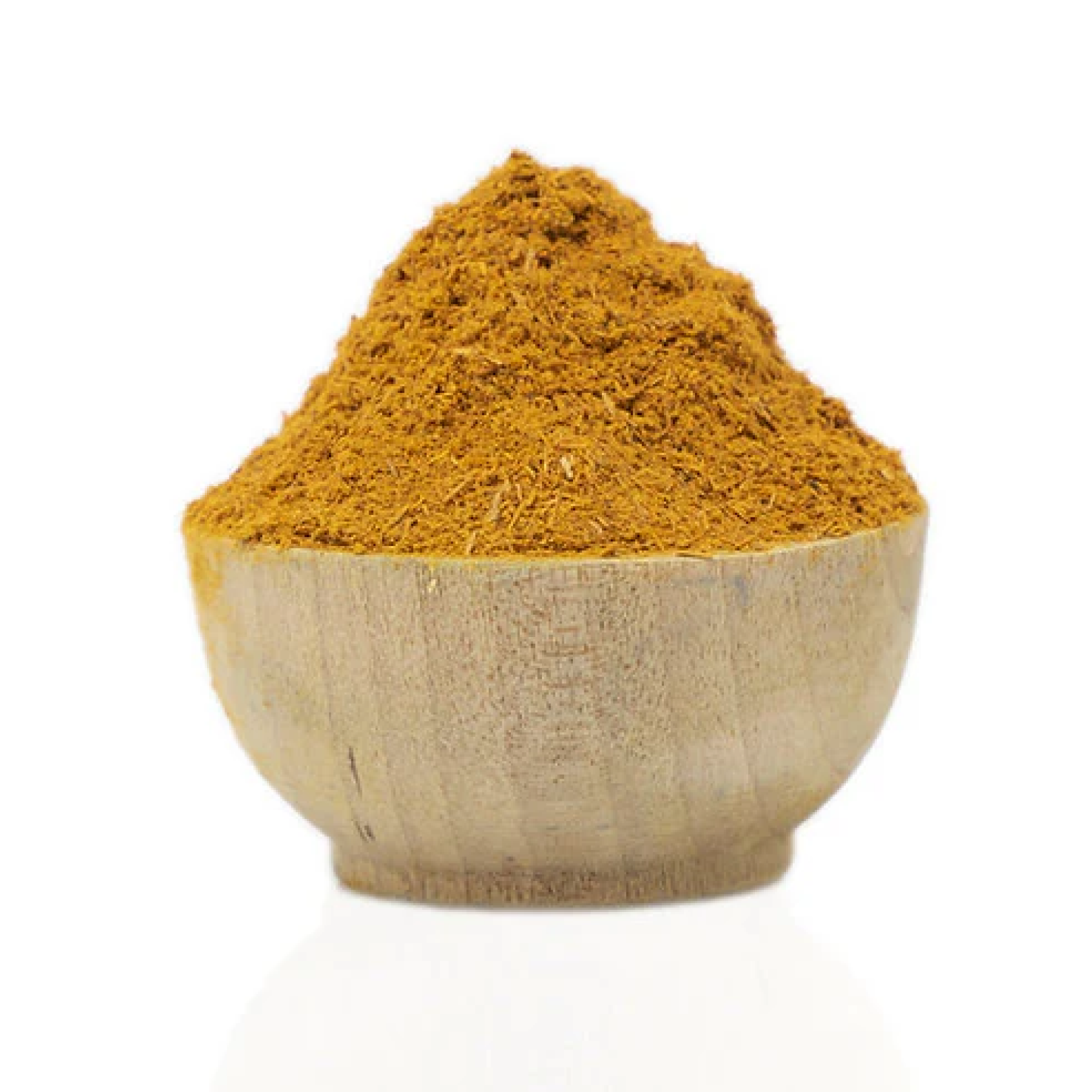 Wooden bowl filled with wood powder on a white background