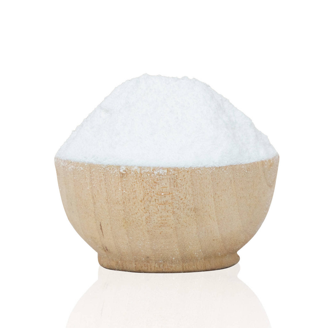 Bowl with white interior and natural wood exterior on a white background Soda Ash (Sodium Carbonate)
