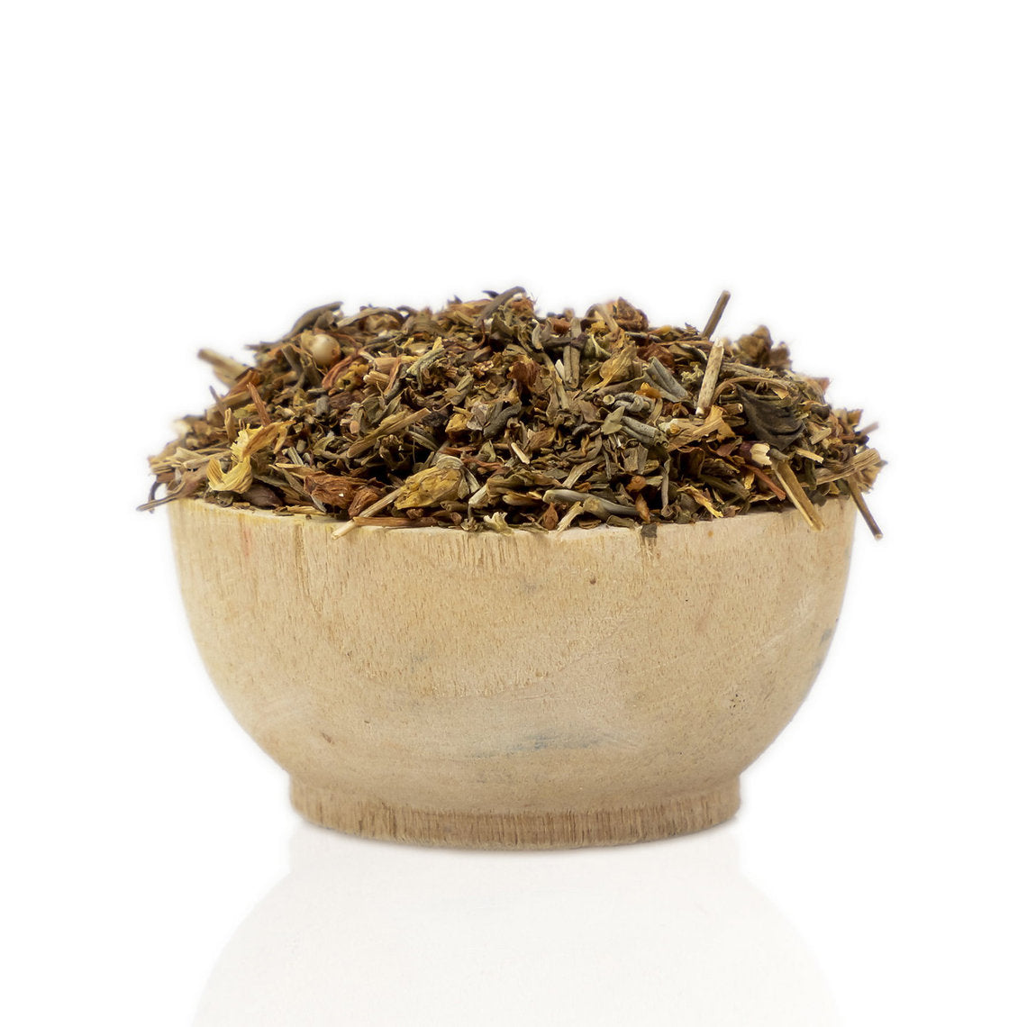 Wooden bowl filled with driedSt. Johnswort (Hypericum perforatum) organic herbs on a white background