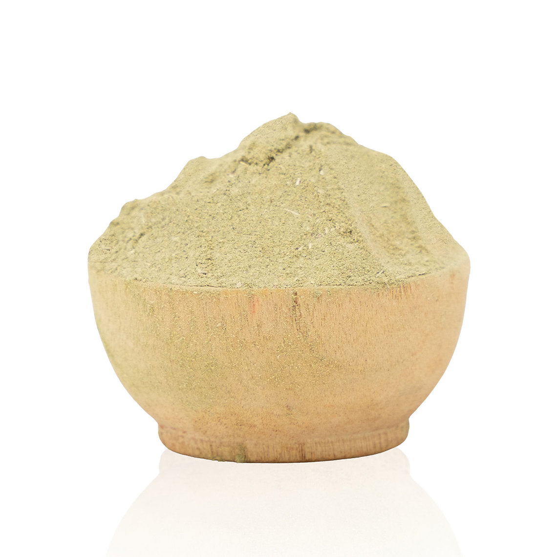 Wooden bowl filled with green Sumac leaf (Rhus Sp) powder on a white background