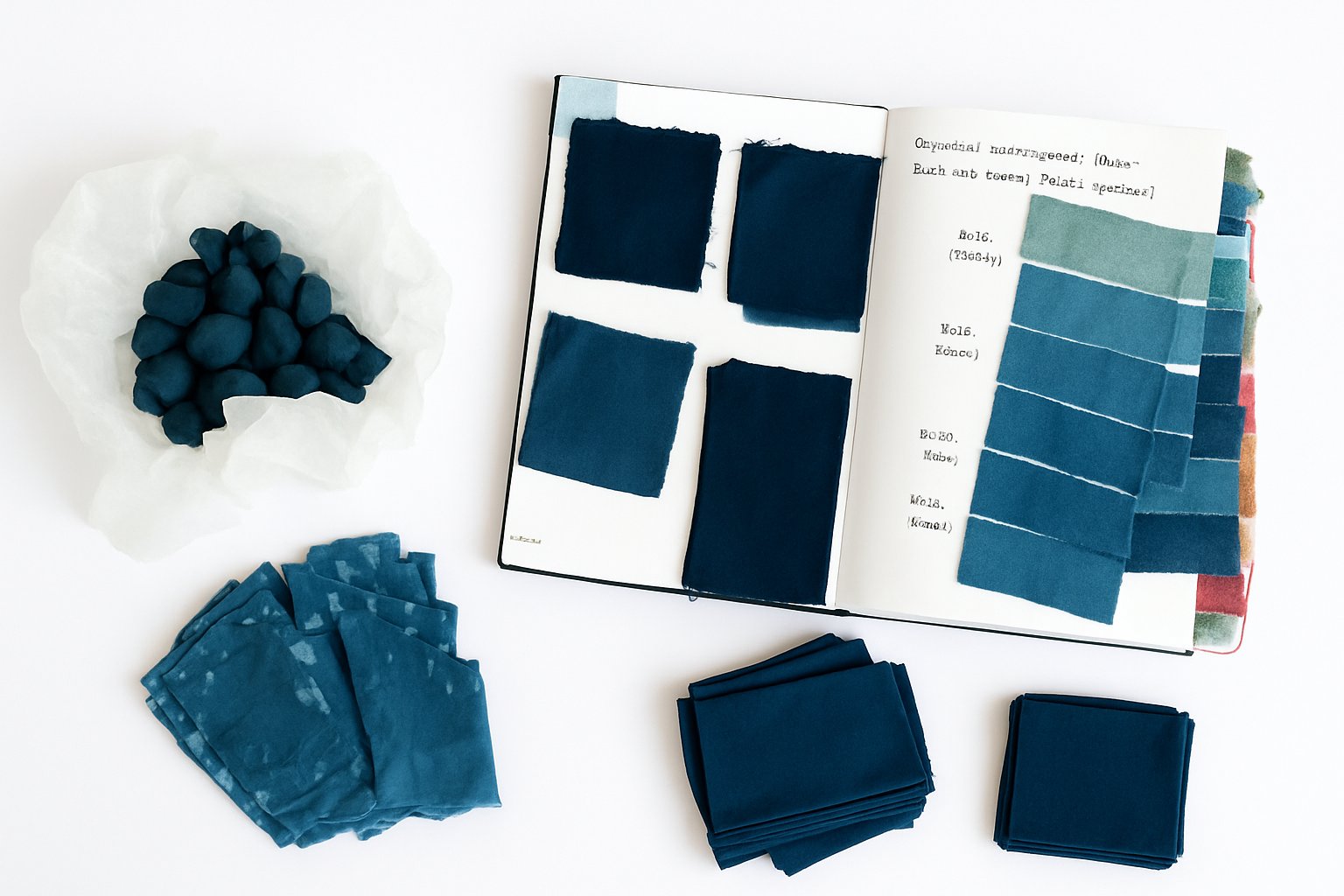 Collection of blue fabric swatches and a color chart on a white surface