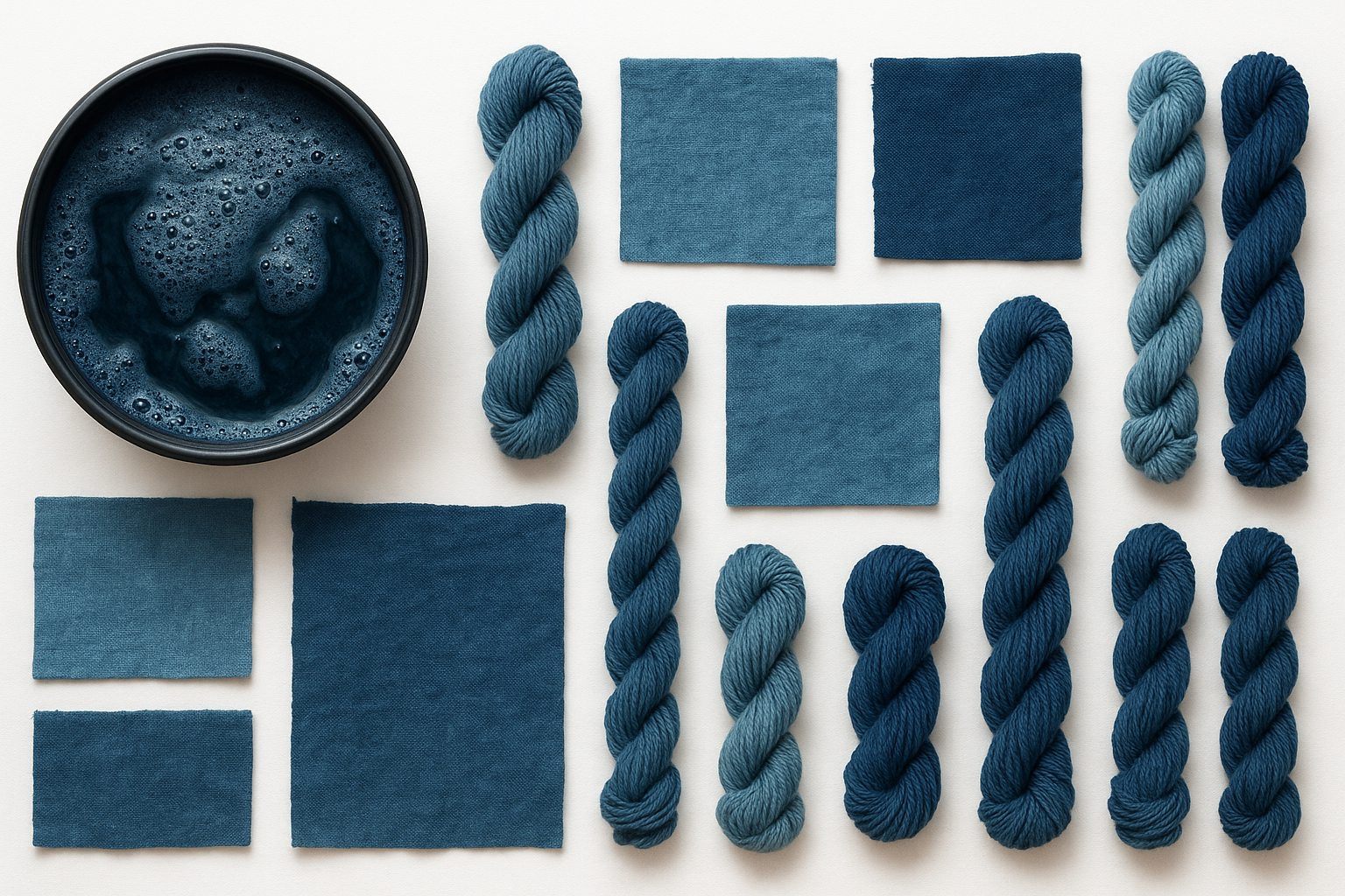 Collection of blue yarn and fabric swatches on a white background