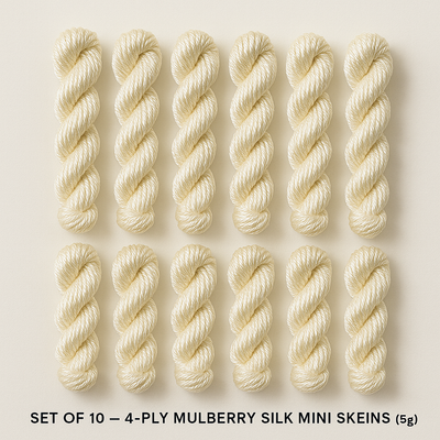 Set mit 10 — 4-fädiges Maulbeerseidengarn, Mini-Stränge (5g je Stück · 12 m)