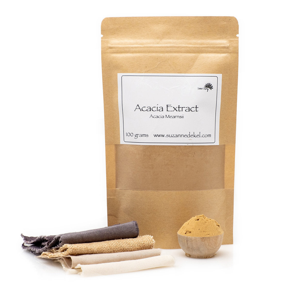 Kraft paper package of Acacia Extract with a small bowl of powder and twigs on a white background