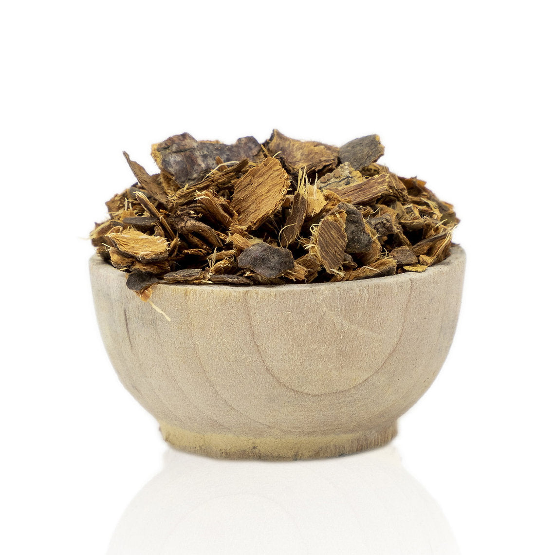 Wooden bowl filled with Alder Buckthorn Bark (Rhamnus frangula) organic dried herbs on a white background