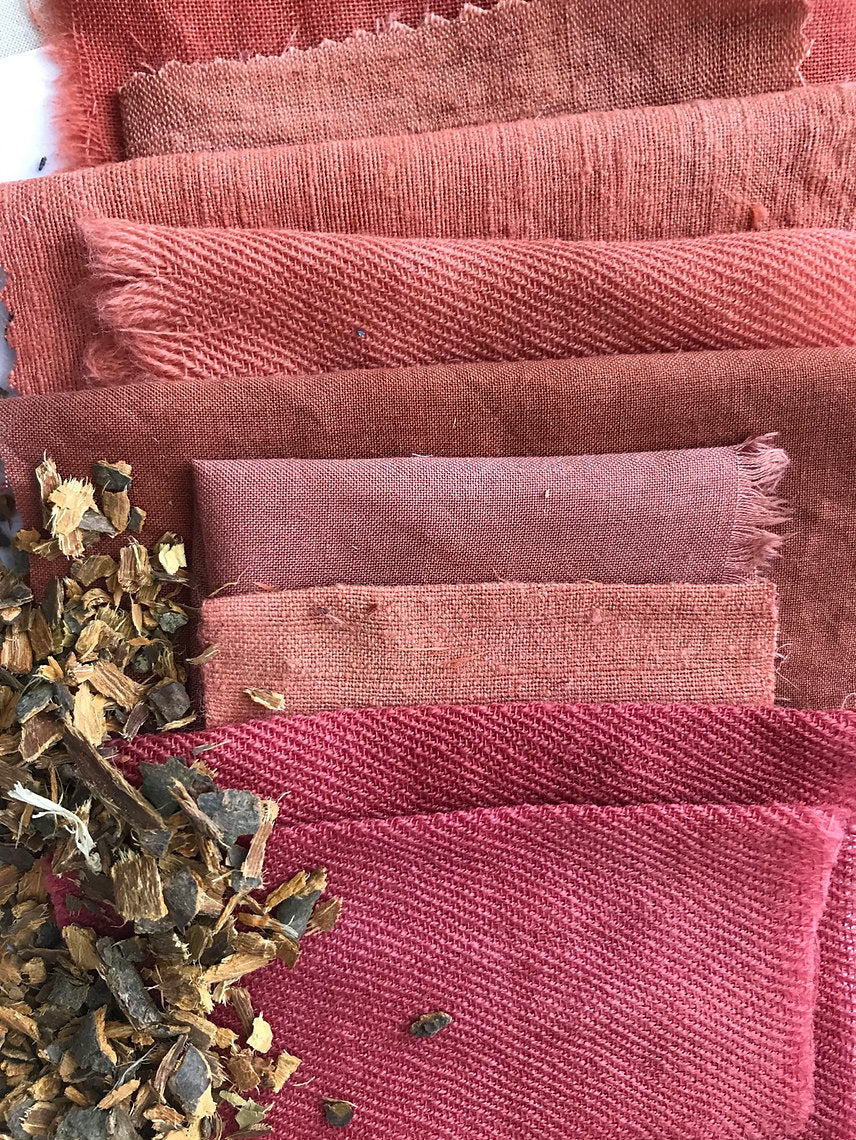 Stack of red fabric swatches dyed Alder Buckthorn Bark (Rhamnus frangula) organic with a small pile of dried herbs on a white background