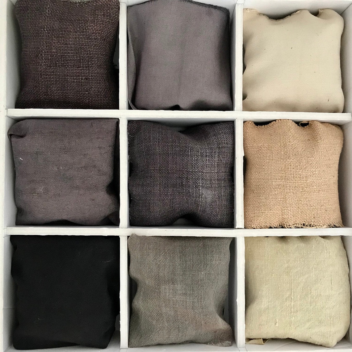 Nine fabric Aleppo Oak Gallnut Powder (Quercus Infectoria) Organic samples in various neutral colors like green beige gray arranged in a grid.