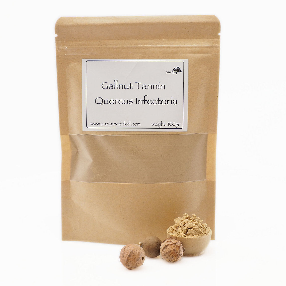Kraft paper packaging of Gallnut Tannin with a label on a white background