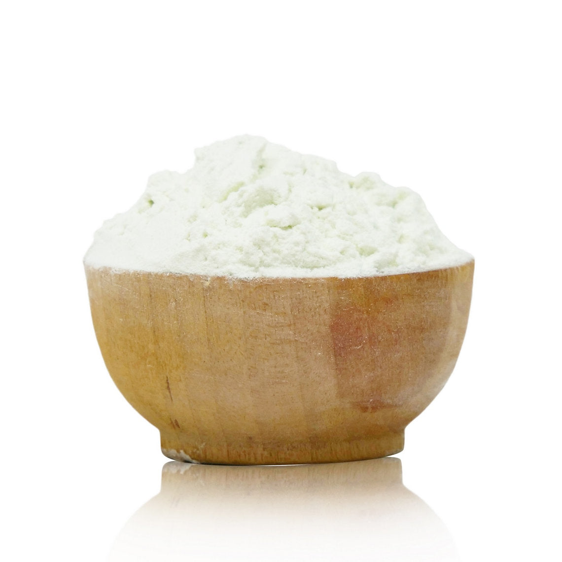 Wooden bowl filled with white Aluminium Tri Formate - Cold Mordant powder on a white background