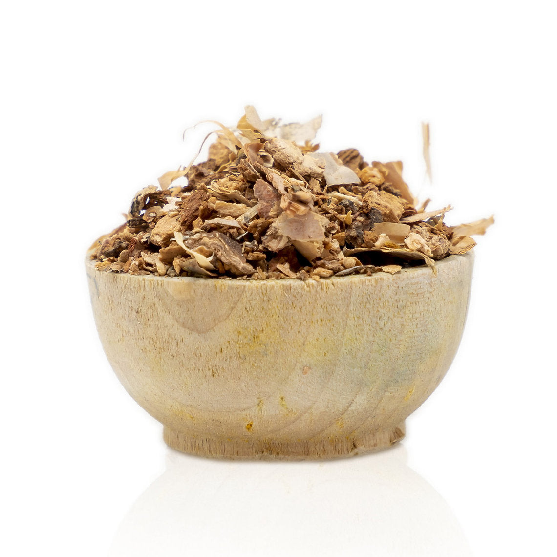 Wooden bowl filled with dried Birch Bark (Betula pendula) organic herbs on a white background