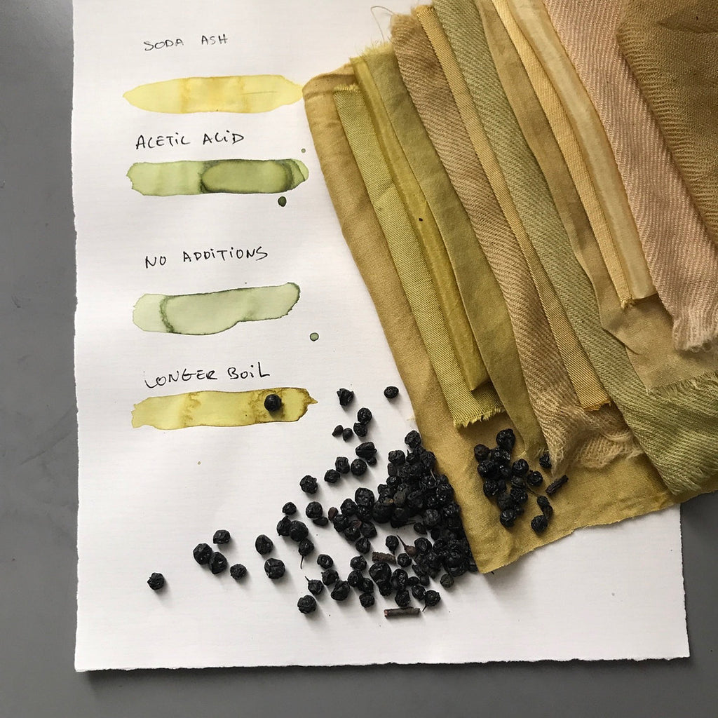 Textured fabric swatches with color samples and black specks on a white paper background.