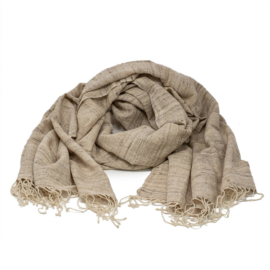 Beige silk scarf with fringes on a white background