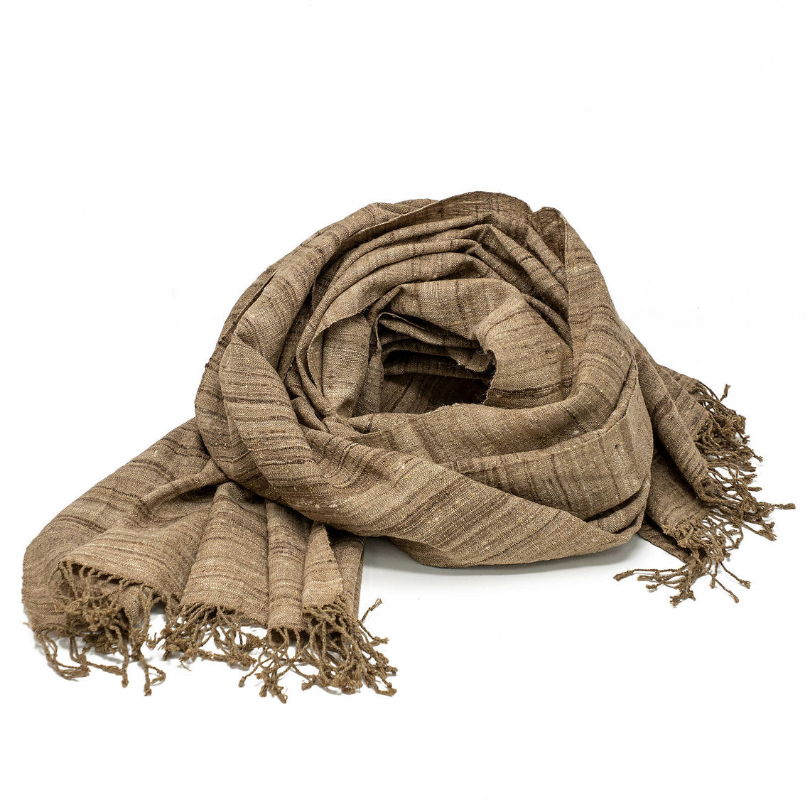 Brown silk scarf with fringes on a white background
