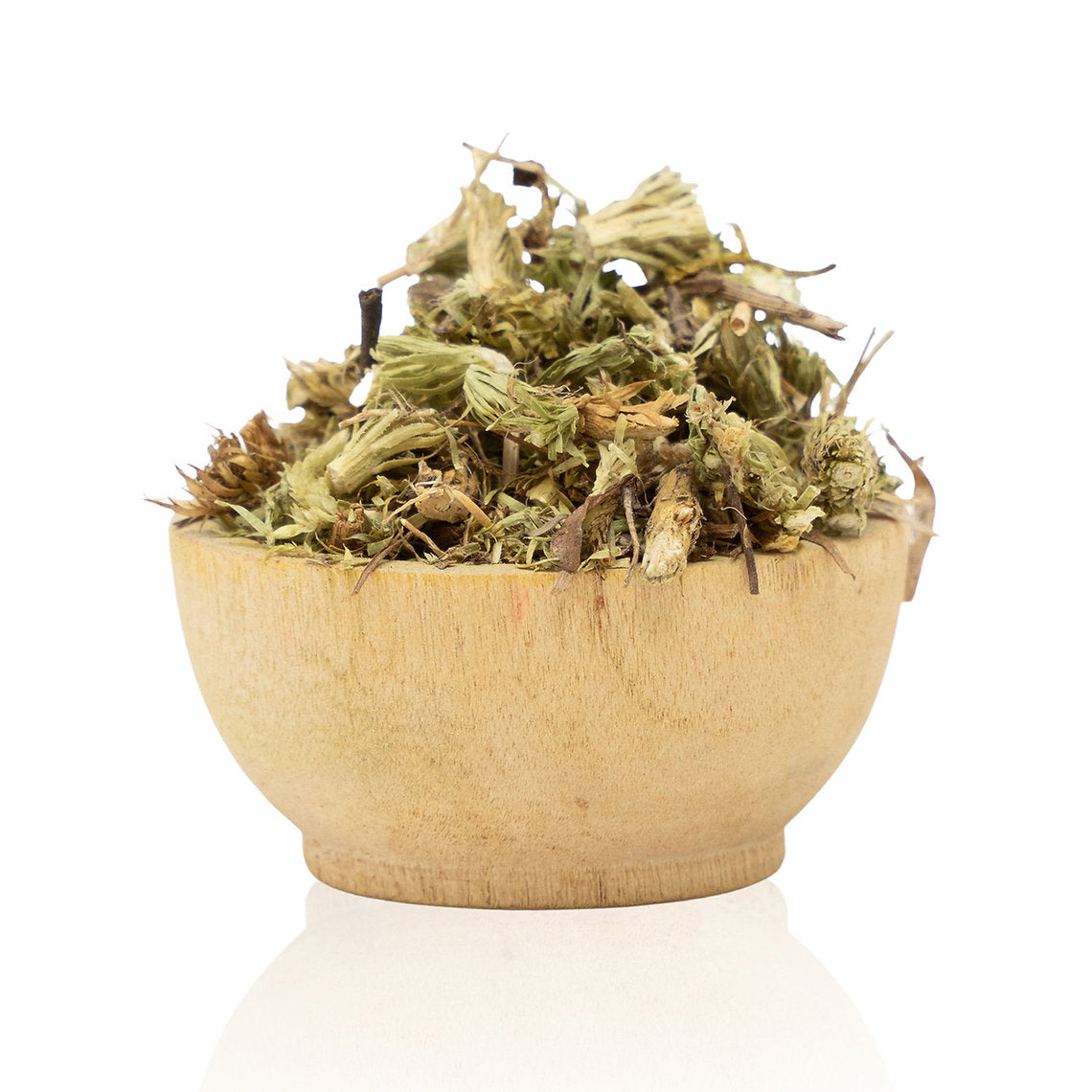 Wooden bowl filled with Club Moss (Lycopodium clavatum) on a white background