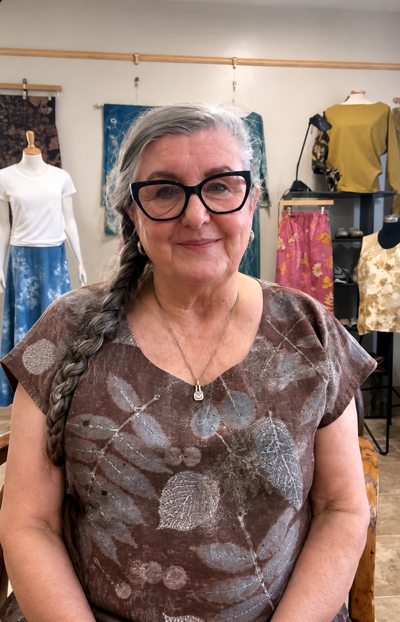 Woman with braided hair wearing glasses and a patterned shirt in a clothing store.
