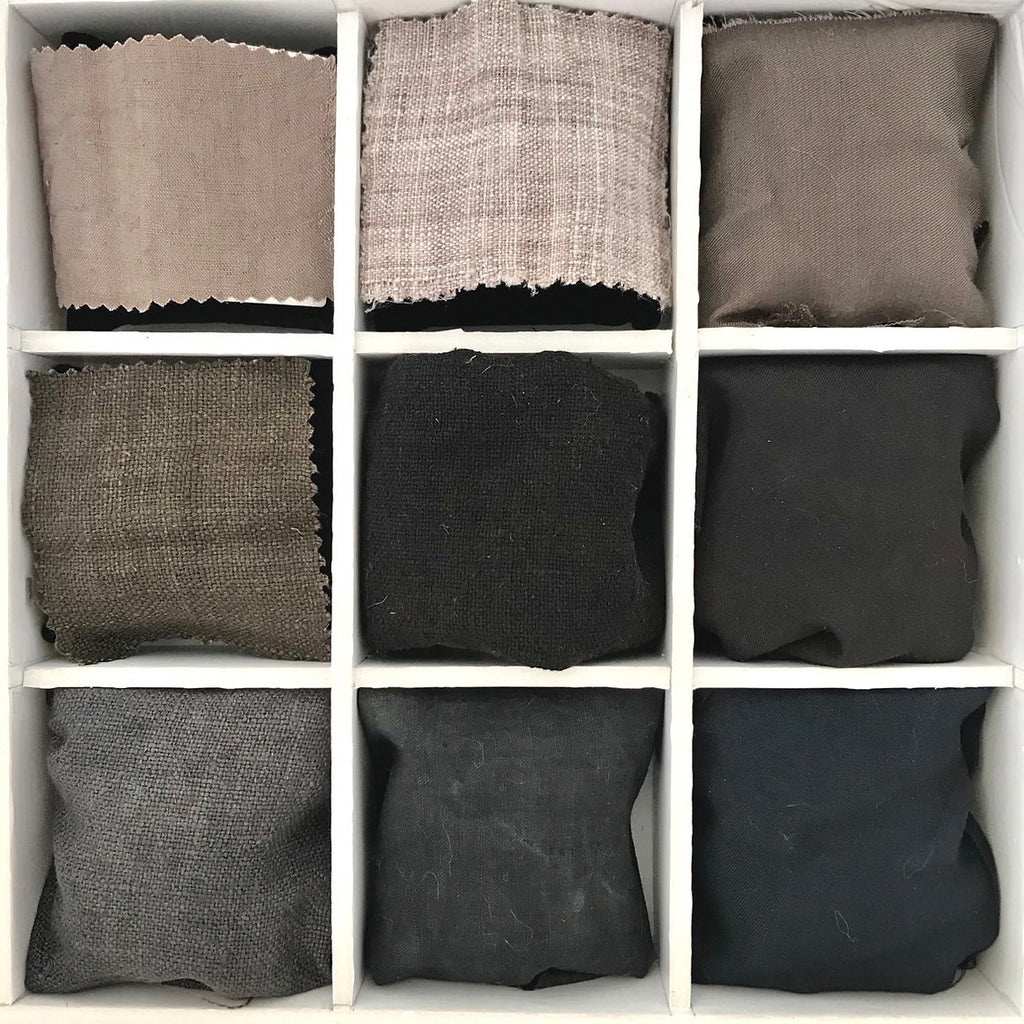Nine fabric green black beige dyed with Cutch Extract (Cathechu) swatches arranged in a 3x3 grid on a white background.