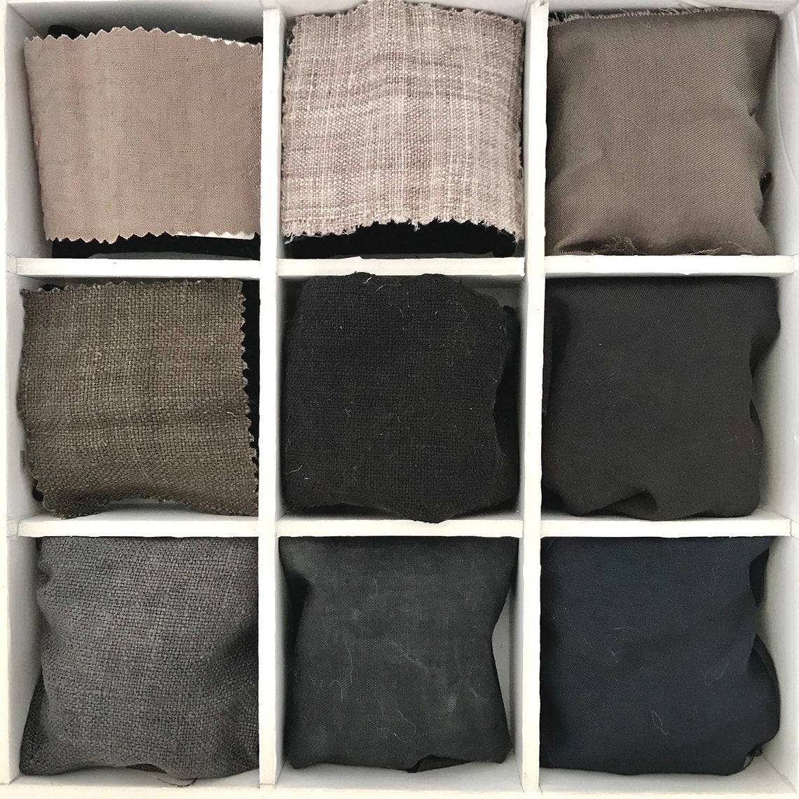 Nine fabric green black beige dyed with Cutch Extract (Cathechu) swatches arranged in a 3x3 grid on a white background.