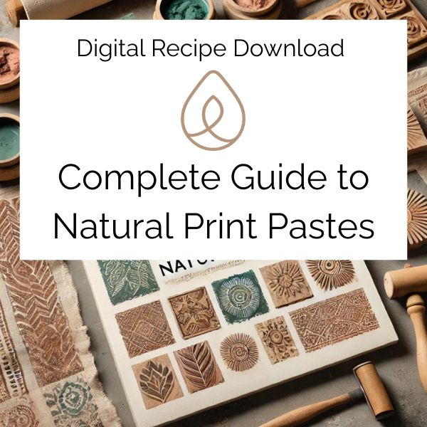 Digital recipe download for a complete guide to natural print pastes with stamping tools and paper in the background.