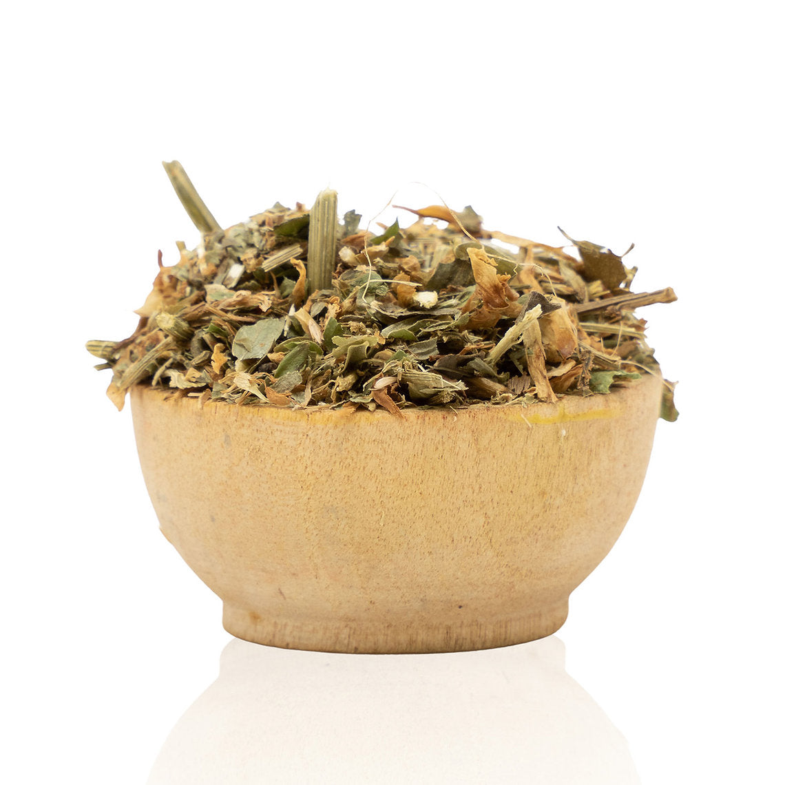 Dried Dyers' Greenweed Pieces (Genista Tinctoria)in a small wooden bowl on a white background