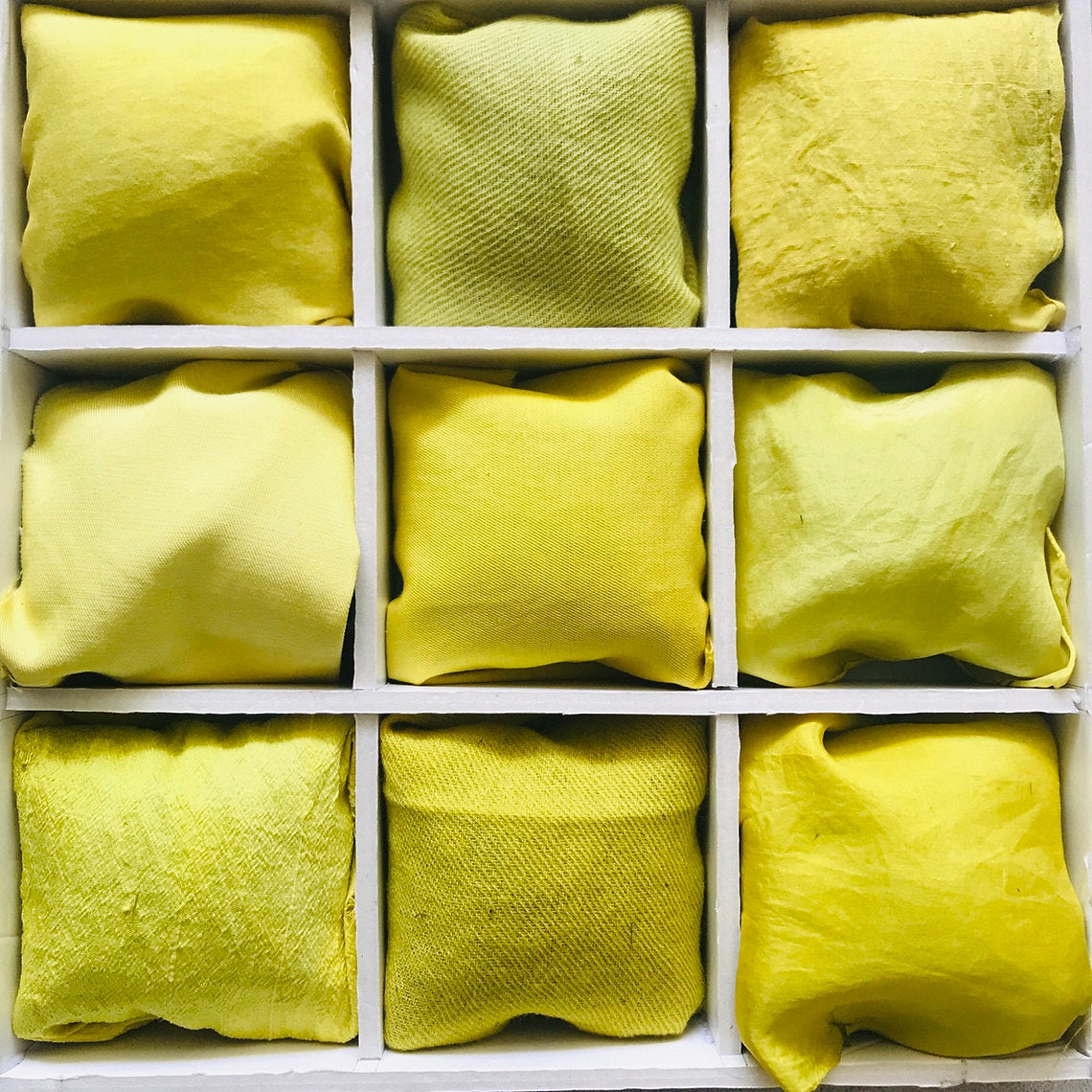 Nine yellow fabrics dyed Dyers' Greenweed Pieces (Genista Tinctoria) powder arranged in a 3x3 grid on a white background