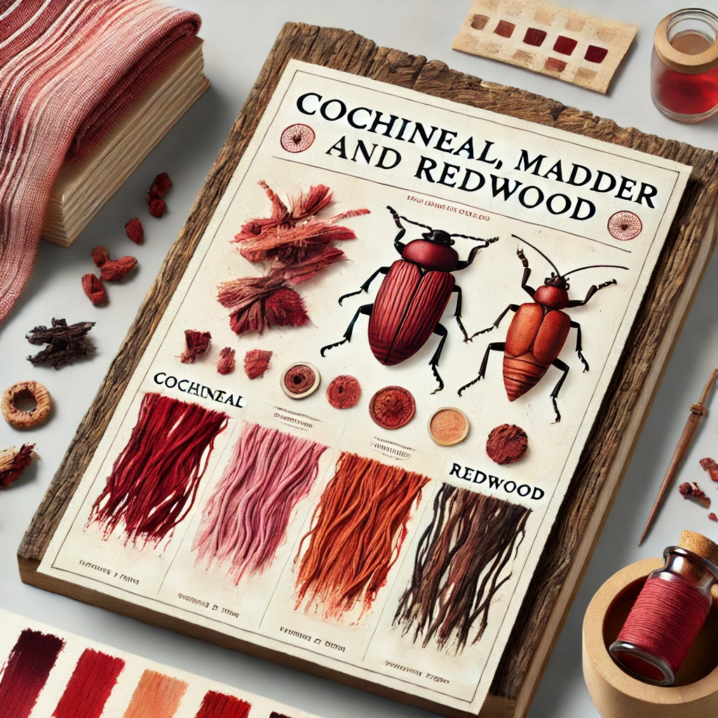 Book titled 'Cochineal, Madder and Redwood' with illustrations of insects and color swatches on a wooden surface.