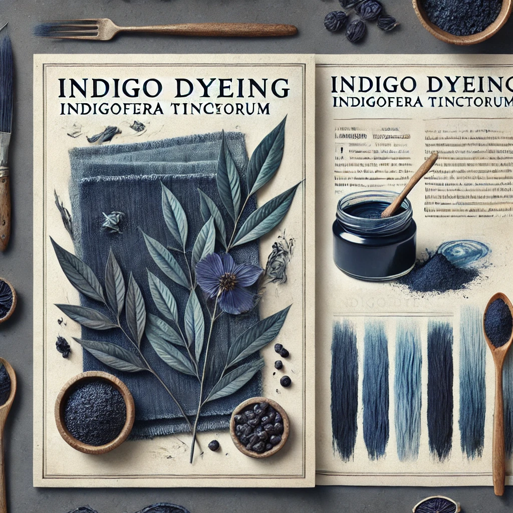 Indigo dyeing process with text and materials on a gray background