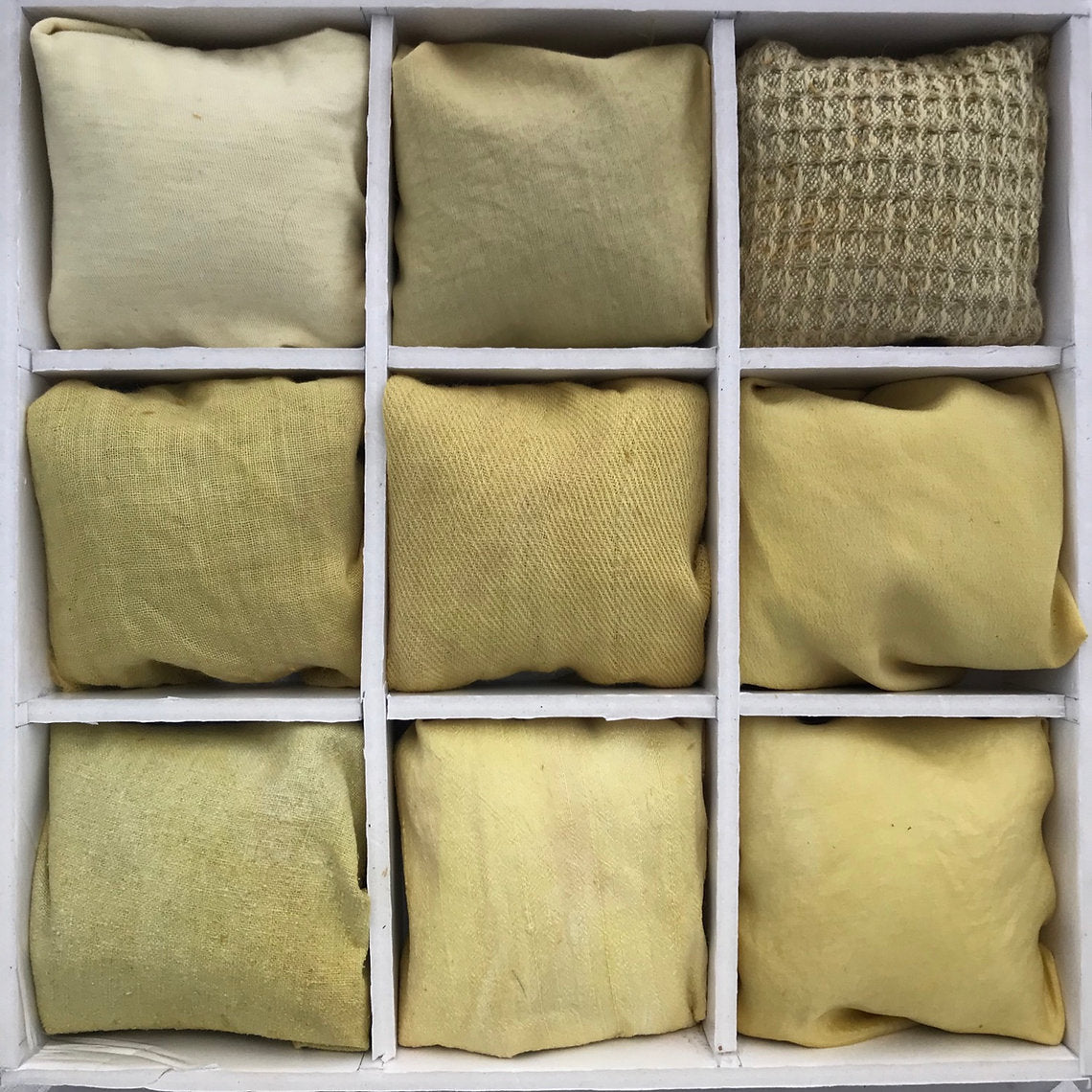 Nine fabric samples dyed Fustic Heartwood Chips (Chlorophora tinctoria) green color arranged in a grid on a white background