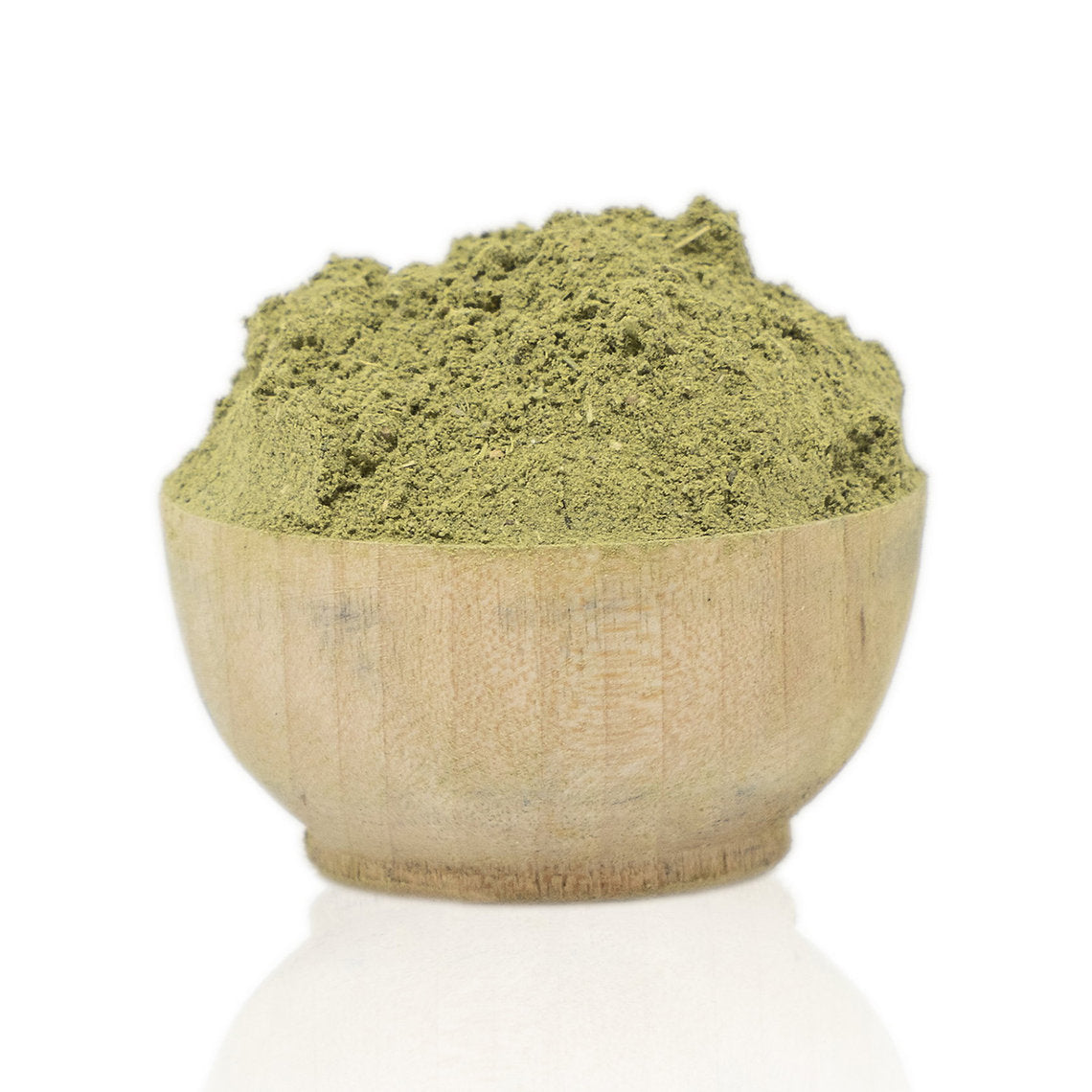 Green Indigo Powder (Indigofera Tinctoria) Organic in a wooden bowl on a white background
