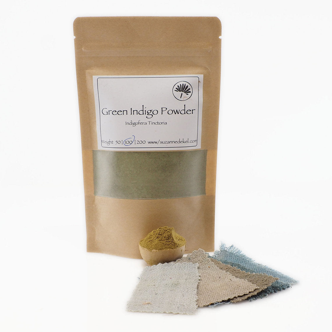 Kraft paper packaging of Green Indigo Powder with a sample on a white background