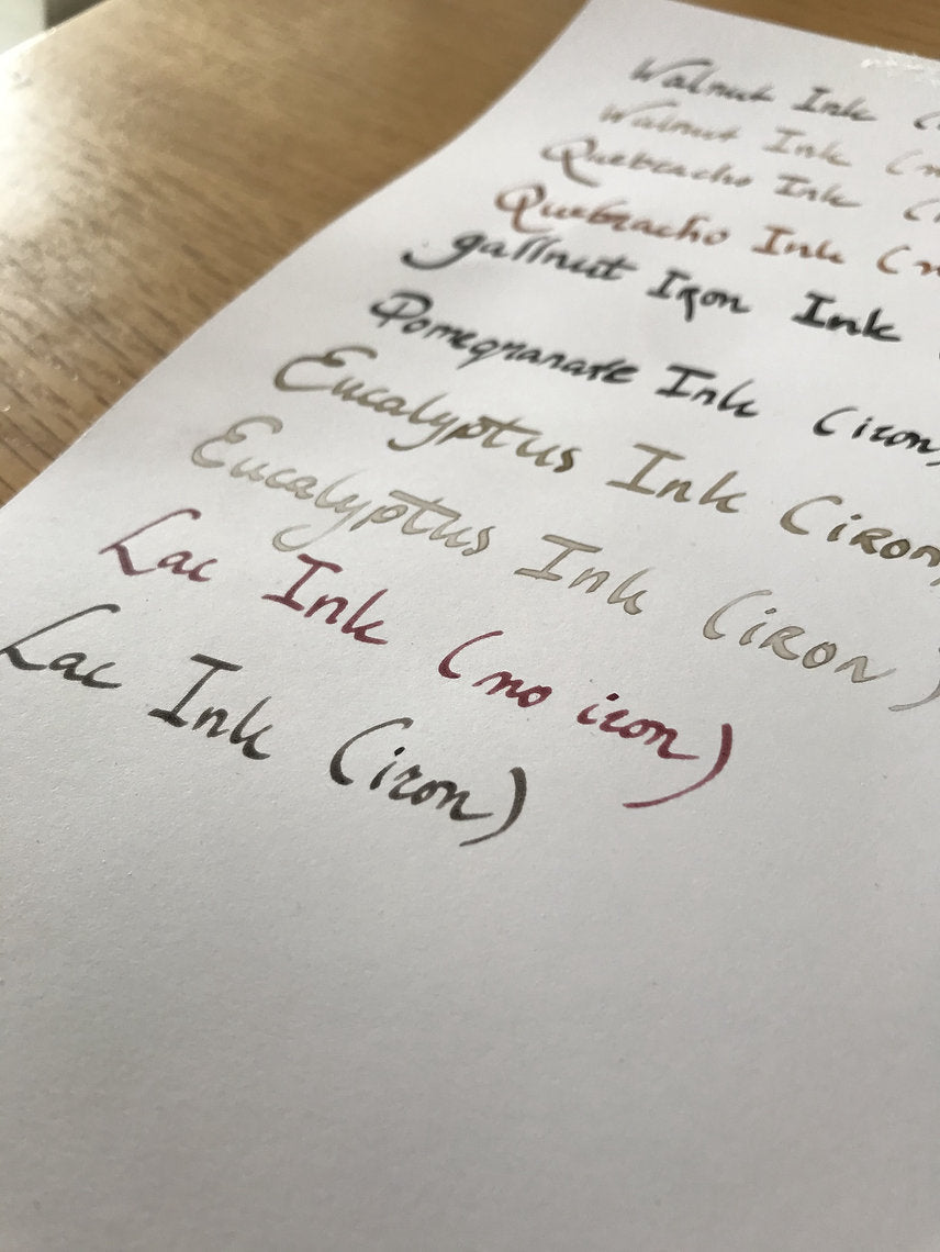 Sheet of paper with various ink names written on it, including 'Lac Ink' and 'Eucalyptus Ink'.