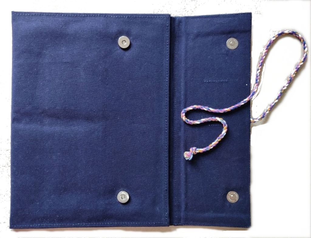 Blue fabric pouch with buttons and a strap on a white background