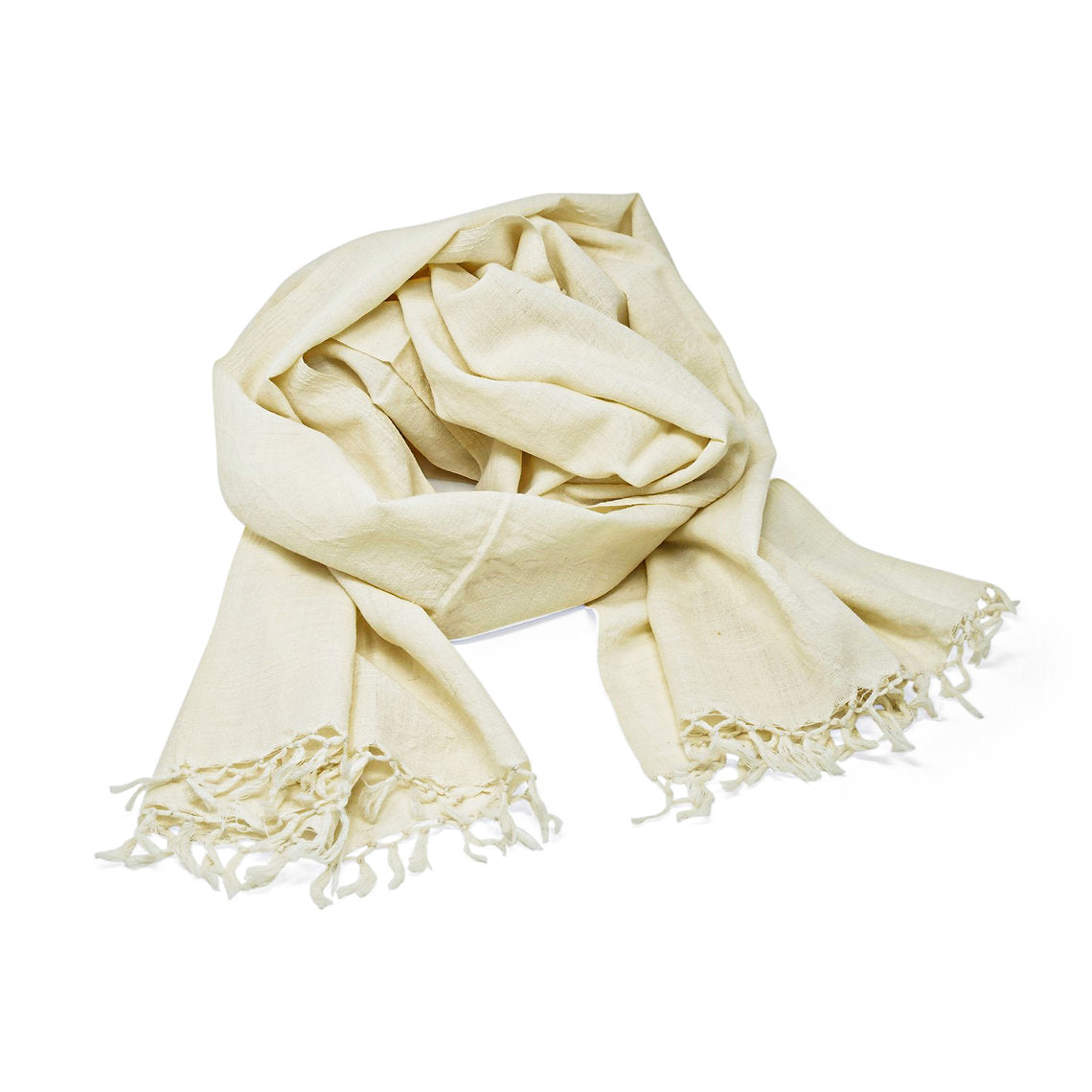Beige scarf with fringed edges on a white background