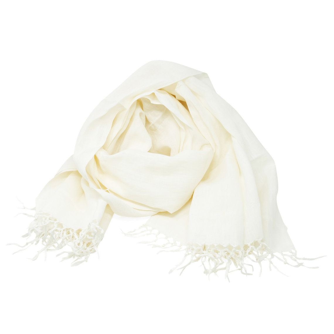 Cream-colored linen scarf with fringes on a white background