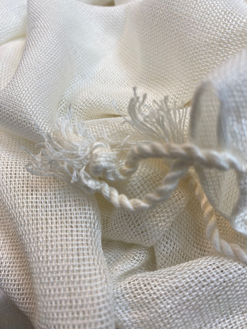 Close-up of textured white fabric with floral embroidery