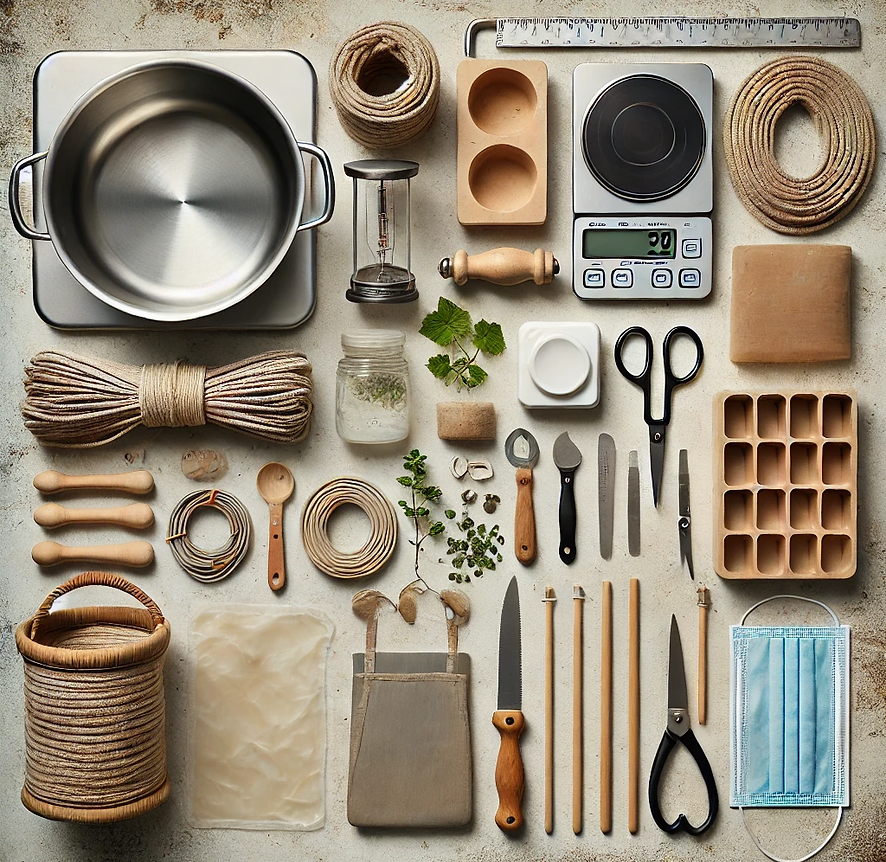 Collection of kitchen utensils and tools on a textured surface