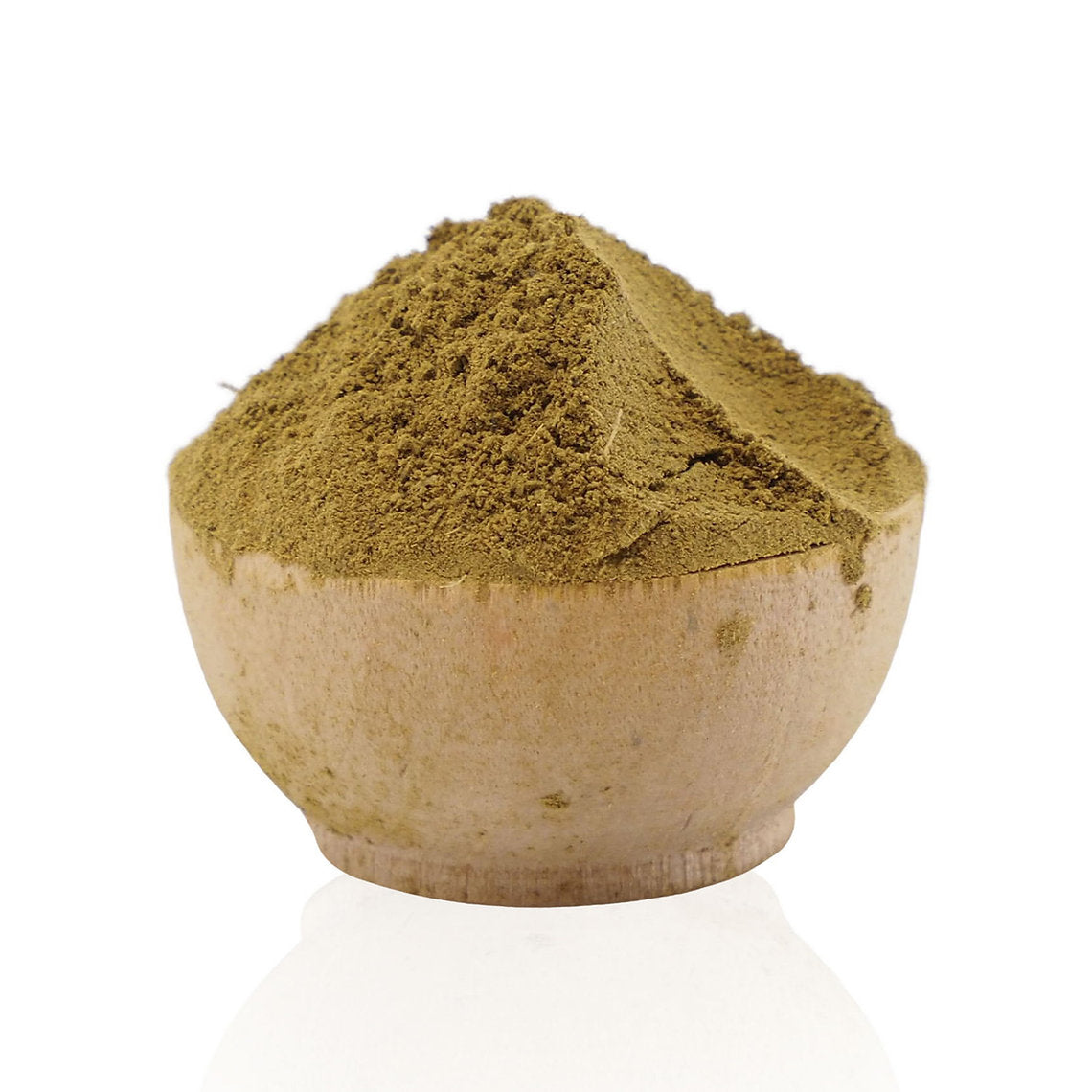 Bowl filled with green powder on a white background