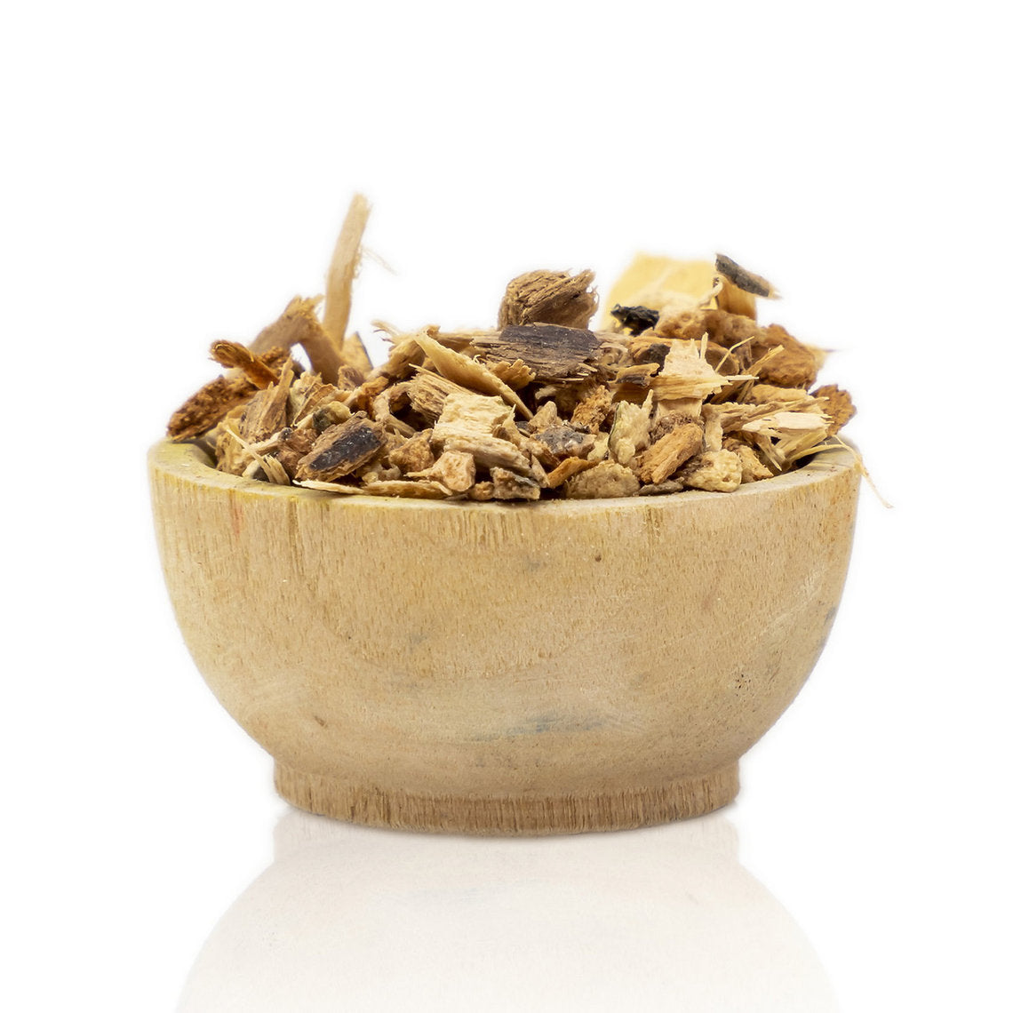 Wooden bowl filled with dried Horse Chestnut Bark (Aesculus hippocastanum) organic herbs on a white background