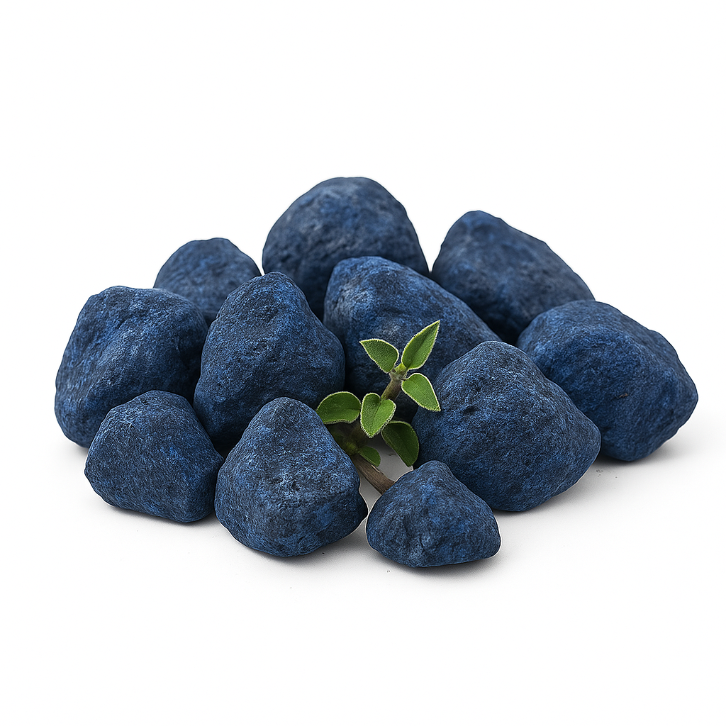 Blue stones with a green leaf on a white background