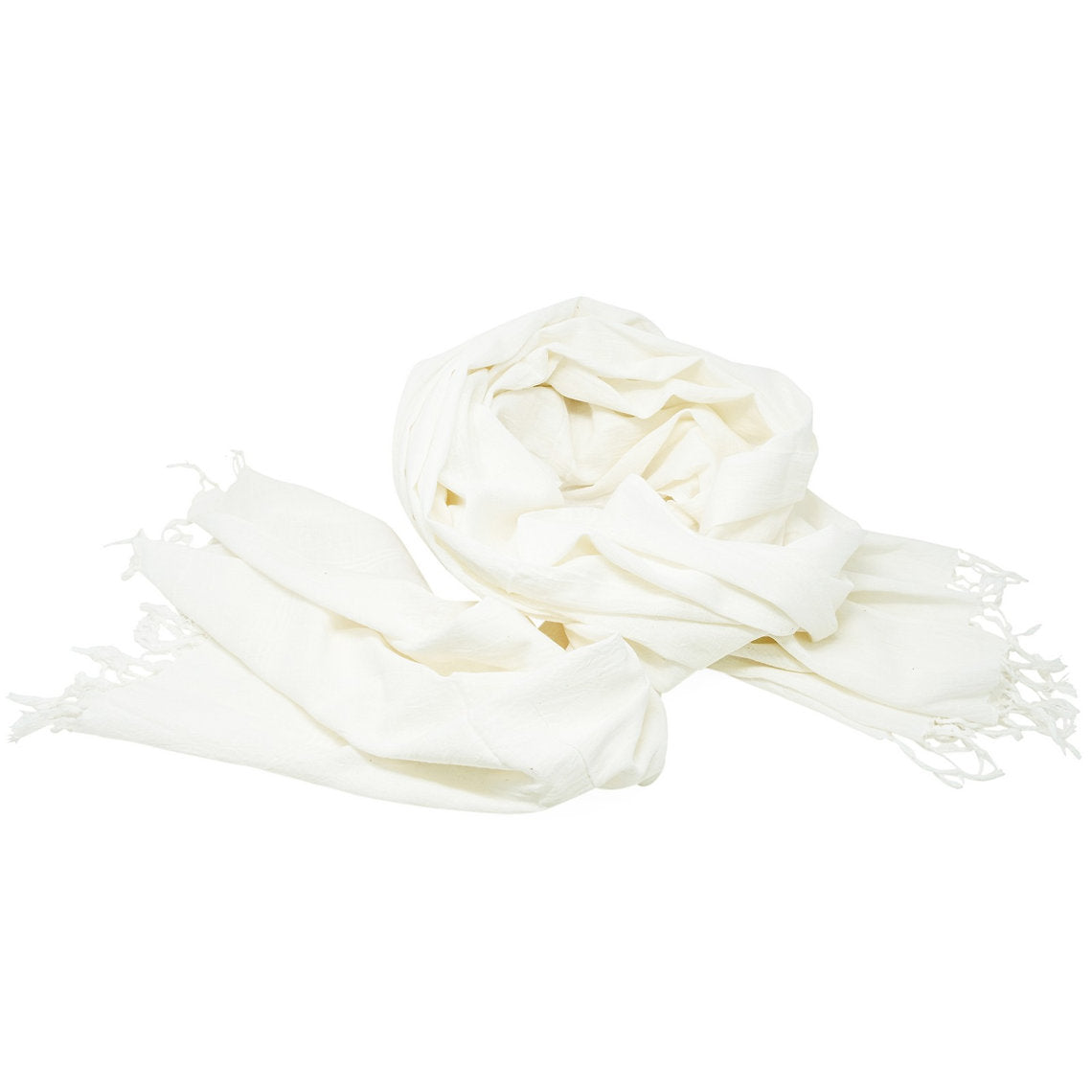White scarf with gold accents on a white background