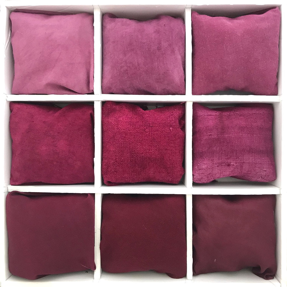 Nine pink Lac Extract (Laccifer lacca) fabric samples arranged in a 3x3 grid.